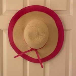 Natural Straw with Pink Trim Floppy Hat